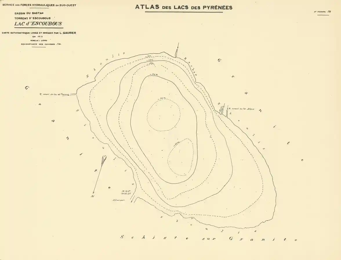 Carte bathymétrique du lac de Dets Coubous (1913)