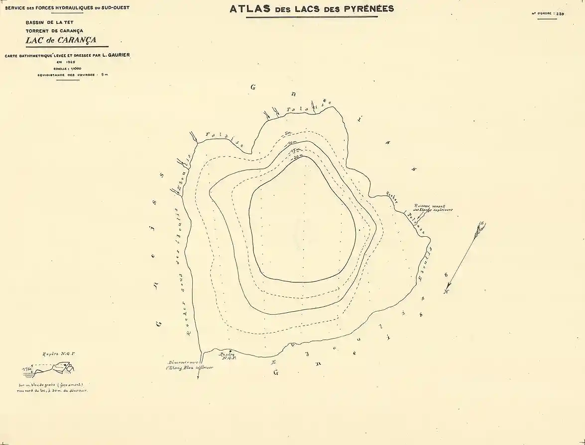 Carte batymétrique du Lac de Carançà levée et dressée par L. Gaurier en 1925 - Echelle : 1/1000  - Equidistance des courbes : 5 m